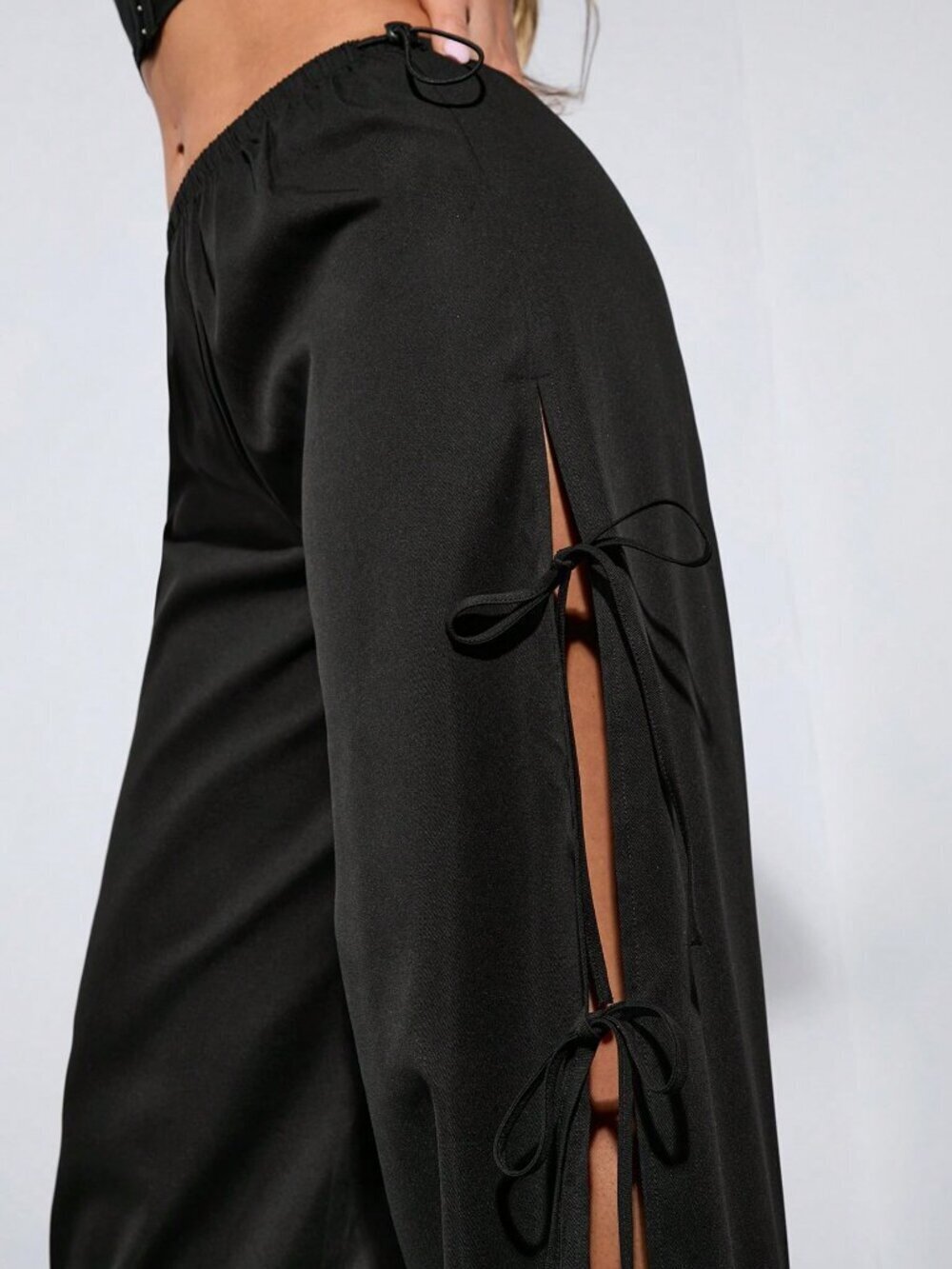 Black Casual Women's Jogger Pants with Side Slit and Adjustable Drawstring - Picture 3 of 6
